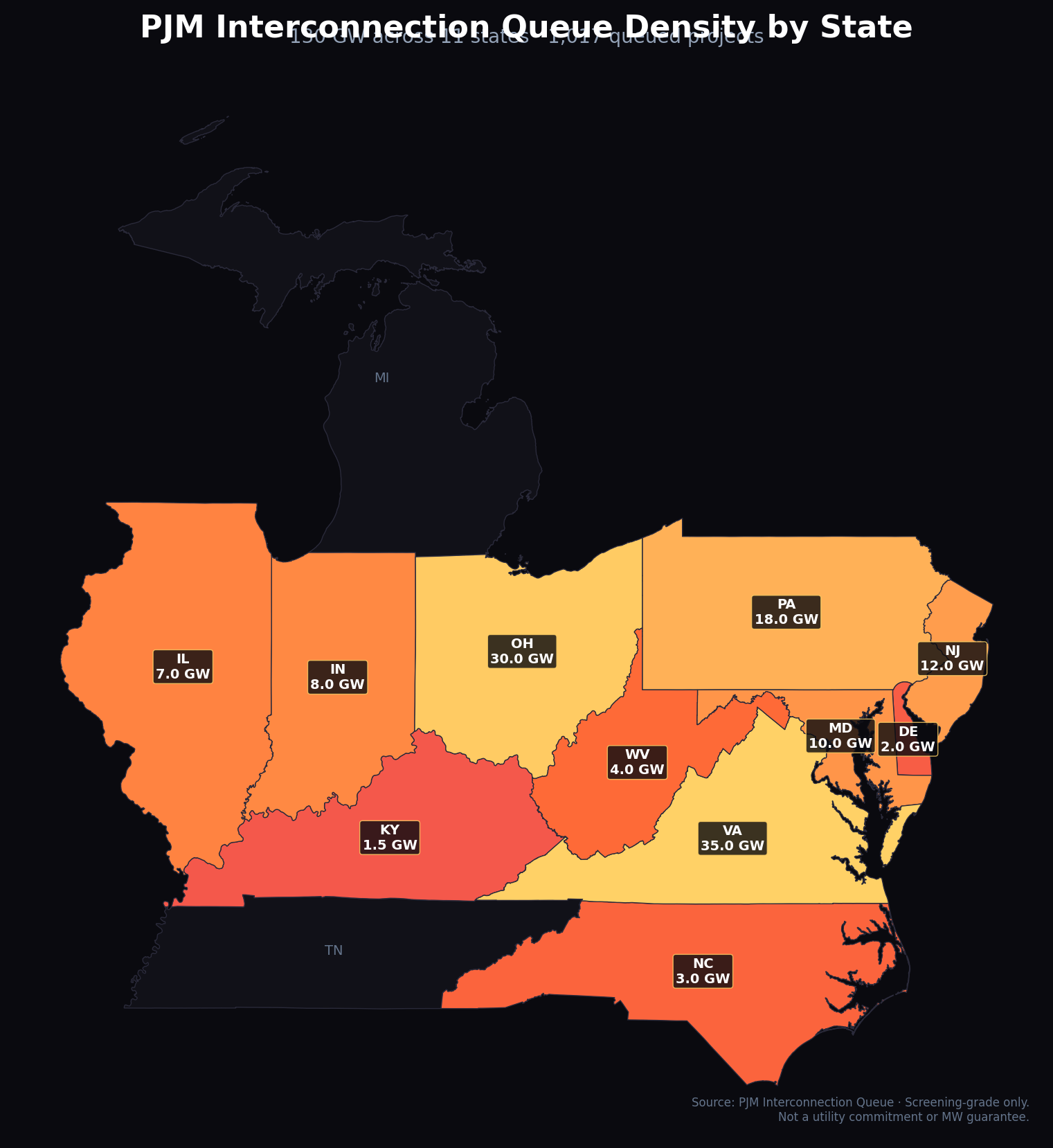 PJM interconnection queue density by state, 2026 — context for comparing Georgia (SERC) against PJM-territory alternatives